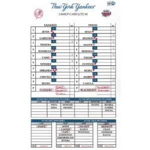  Yankees at Twins 5 27 2010 Game Used Lineup Card (LH871882 