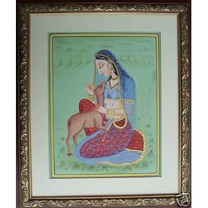 Deer & Lady Painting Hand Made, Ragini, Paper Painting 