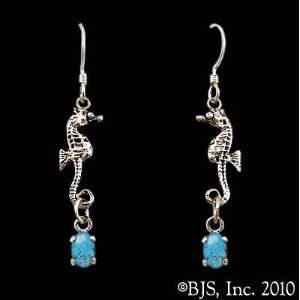  Seahorse Earrings with Gem, 14k White Gold, Turquoise set 
