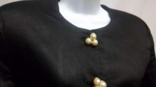 BCBGS BLACK LINED JACKET WITH CLUSTERS OF 3 WHITE PEARLS AS BUTTONA 