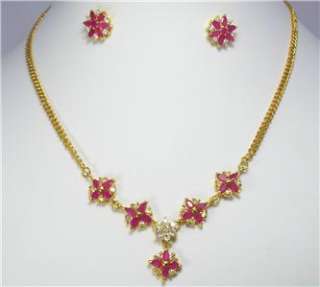 Thai Gold 18k 14k gf Mada Ruby Red Stone Necklace set earrings 