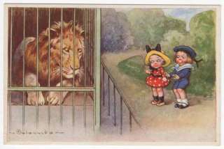   Artwork Postcard of Children Looking at a Lion in a Cage at a Zoo