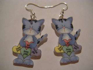 Valentines Earrings Cat Kitten Conversation Hearts love  
