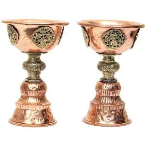  Pair of Butter Lamps with Auspicious Symbols   Copper 