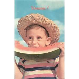  Watermelon Post Card: UMMMMM! (Boy with Straw Hat Eating 