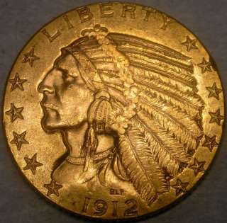 1912 INDIAN HEAD GOLD $5 HALF EAGLE VERY APPEALING HIGH QUALITY 