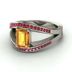   Ring, Emerald Cut Citrine Sterling Silver Ring with Ruby: Jewelry