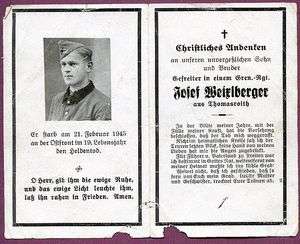 1945 Death Card Grenadier Josef Weirlberger KIA East  
