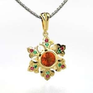  Snowflake Pendant, Round Fire Opal 18K Yellow Gold Necklace 
