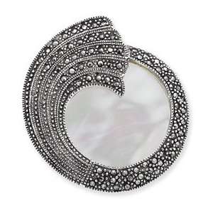    Sterling Silver Marcasite and Mother of Pearl Wave Pin: Jewelry
