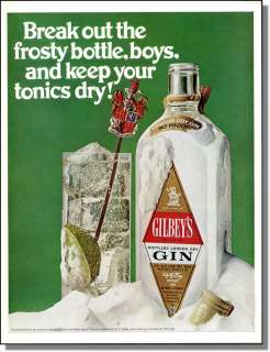 1969 Gilbeys Dry Gin   Frosty Bottle Print Ad  