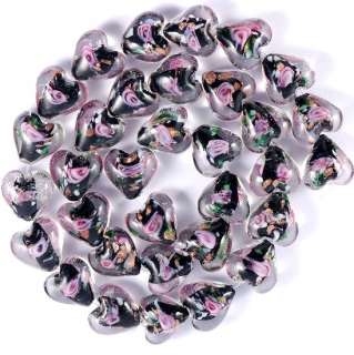 33X BLACK LAMPWORK GLASS FLOWER HEART Loose Beads 12mm  