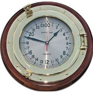  24 Hour Wall Clock with Brass Porthole in Teak