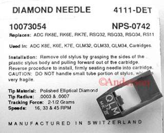 ADC RK8E Needle   QLM   Pfanstiehl 4111 DET  