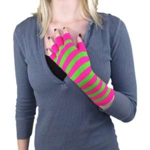  Pink & Green Striped Fingerless Gloves EMO Knit Cut Off Gloves Emo 