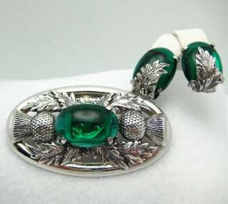 Vtg Whiting & Davis Green Thistle Brooch & Earrings Demi Parure Set 