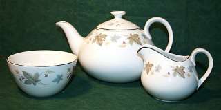   Vinewood Grey Tan Leaves England Tea Pot Sugar Creamer Set White Mist