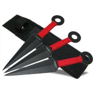  3 pc Ninja Red Cord wrap Black Blade Throwing Knife Set 
