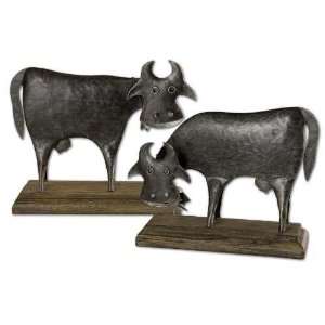 UT17066   Antiqued Iron Cow Statue with Wood Base   Set of Two:  