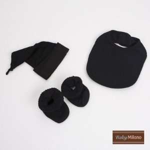  Bib, Booties and Knotted Hat Gift Set in Black Baby