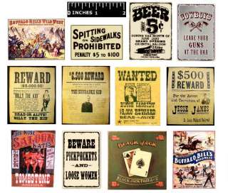 WILD WEST SALOON POSTERS~ LOT 12 Dollhouse PICTURES  