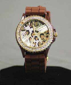 Silicone Band Watch with Leopard Print Face Gold and Silver Rhinestone 