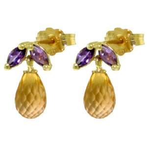    14k Solid Gold Citrine Stud Earrings with Amethysts Jewelry