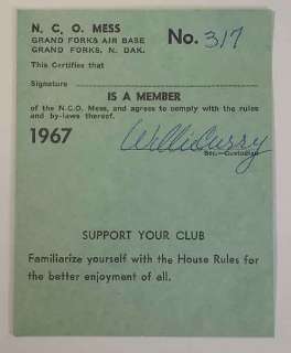1967 NCO Mess Membership Card, Grand Forks Air Base, ND  