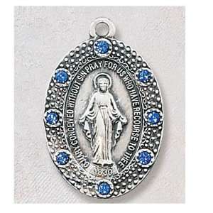 Sterling Silver Catholic Miraculous Glass Sapphire Mary Medal Necklace 
