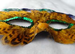 Gold Green Purple Curled FEATHERS & Green Sequin Mardi Gras MASK NWOT 