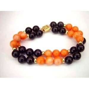  7.5 2row Coral and Agate Bead Bracelet