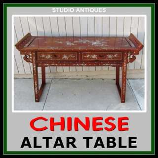 CHINESE ALTAR TABLE Vintage ASIAN TEAK HALL DESK Inlay Inlaid MOTHER 