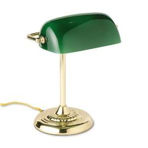   Bankers Lamp w/Green Glass Shade, Brass Base, 14
