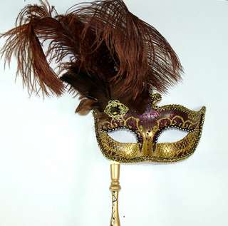 BROWN MASQUERADE on a Stick Venetian Mask Costume BROWN & GOLD Hand 