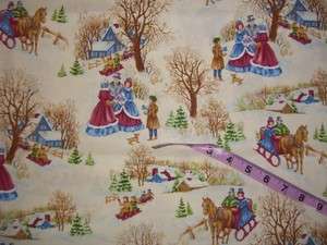Nice Old fashioned Christmas scenic print fabric 1yd quilting sewing 