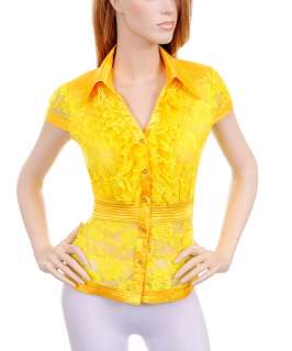 New Womens S. Sleeve Shirt Blouse Lace Top Yellow S M L  