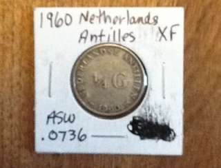 1960 NETHERLANDS ANTILLES 1/4 G Silver Coin EXTRA FINE  