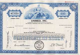 Rudolf Schuster Vintage Stock Certificate UniMed Inc  