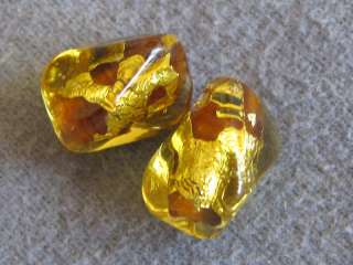 Pr Vintage Foil Art Glass Beads, Golden Amber Brown  
