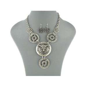   Wise Owl Bib Necklace and Earrings Set Antique Silver Tone Jewelry