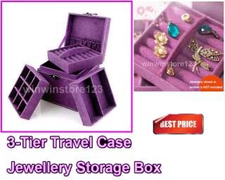 Vintage Jewellery Storage Box 3 Trier Layer Travel Case Purple Velet 