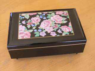 Vintage Japanese Otagiri Musical jewelry Box In Black Lacquer Mirrored 