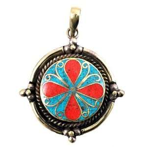  Brass Turquoise Coral Dharma Wheel Pendant Jewelry