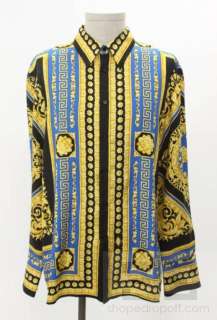   Black Blue & Gold Silk Baroque Print Button Up Shirt Sz 52  