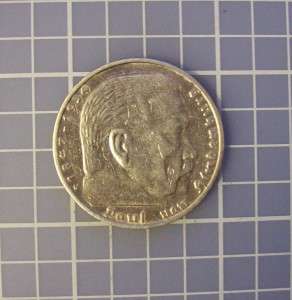 1936e German 14g silver 5 mark Third Reich .900 coin  paul von 