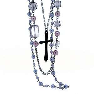  Black Cross and Pearl Tone Balls Strand Necklace Jewelry