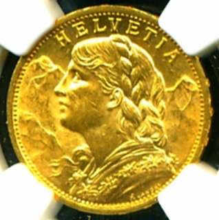 1897 B SWITZERLAND GOLD COIN 20 FRANCS * NGC CERTIF GENUINE GRADED MS 