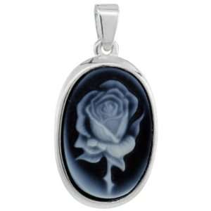  Sterling Silver Natural Blue Agate Cameo Rose Pendant 