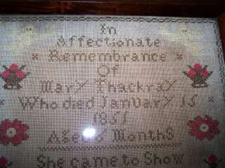 ANTIQUE MOURNING MEMORIAL SAMPLER MARY THACKRAY 1851  