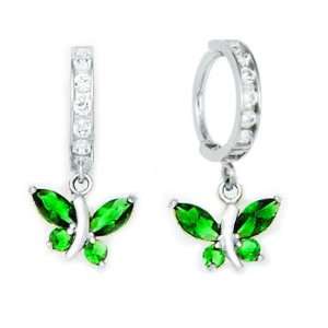    14K White Gold Emerald CZ Butterfly Huggy Earrings: Jewelry